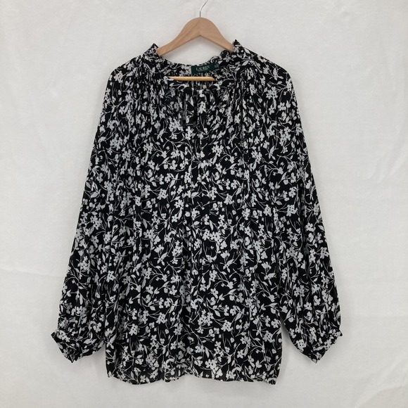 Lauren Ralph Lauren Tops - Lauren Ralph Lauren Blouse Womens 2X Black White Floral Pleated Long Sleeve